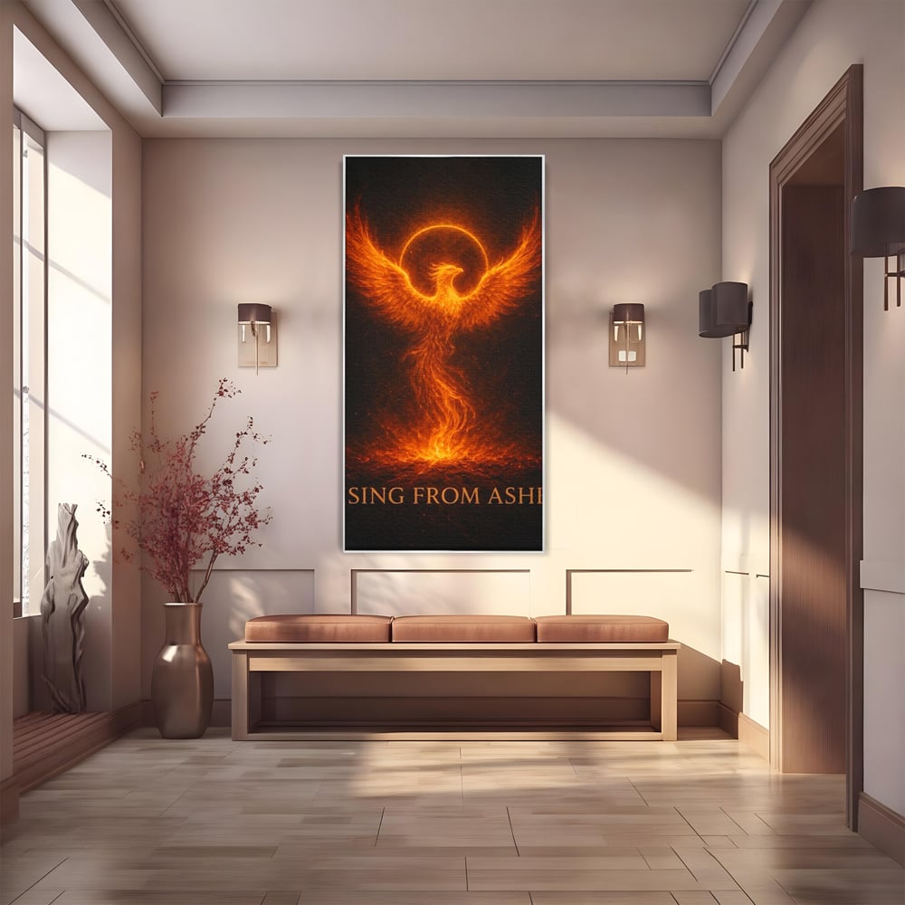 Tablou canvas cu ilustratie digitala cu pasarea phoenix din flacari, in rama de aluminiu argintiu