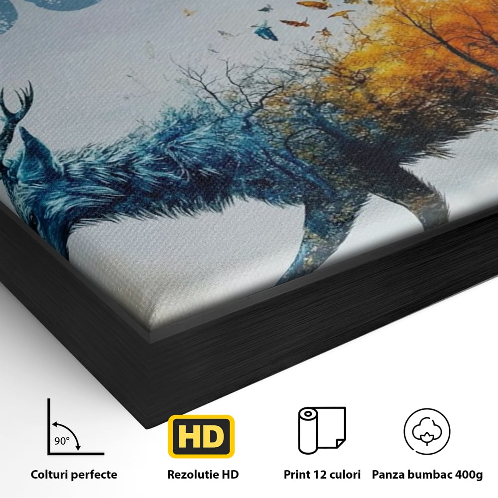 Detaliu al suprafetei: tablou canvas cu cerb si padure, in rama de aluminiu negru
