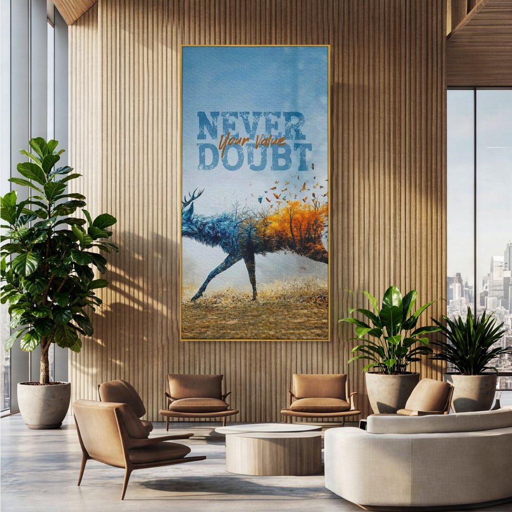 Tablou canvas cu tablou canvas cu cerb si padure, in rama de aluminiu auriu, pe perete intr-un birou