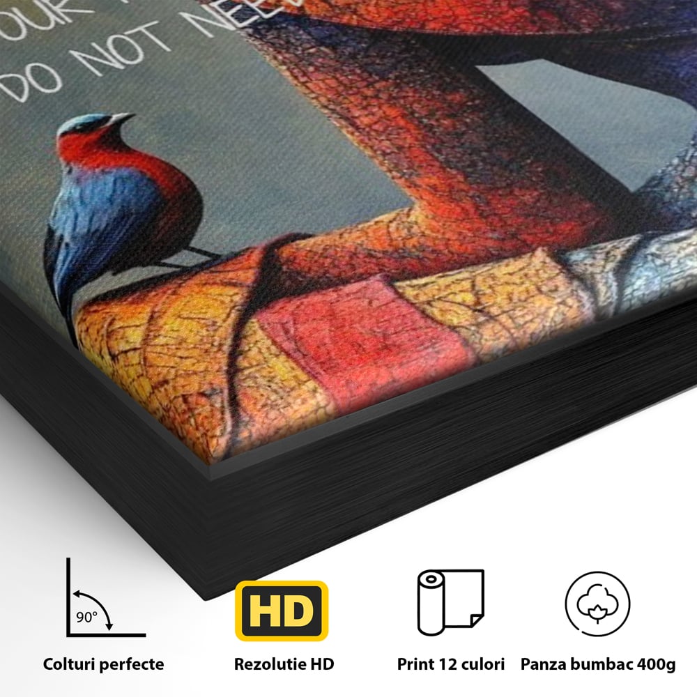 Detaliu al suprafetei: tablou canvas cu femeie si pasare, in rama de aluminiu negru