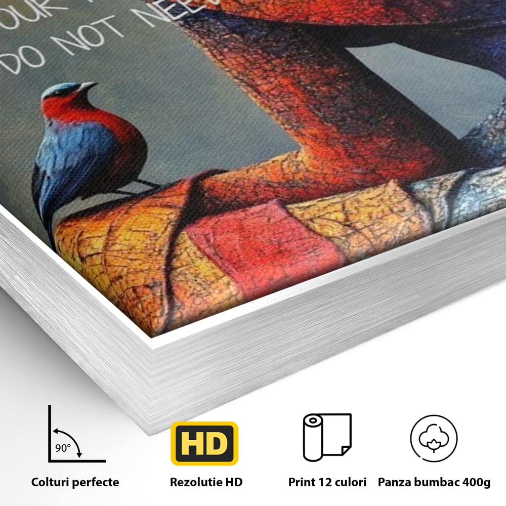 Detaliu al suprafetei: tablou canvas cu femeie si pasare, in rama de aluminiu argintiu