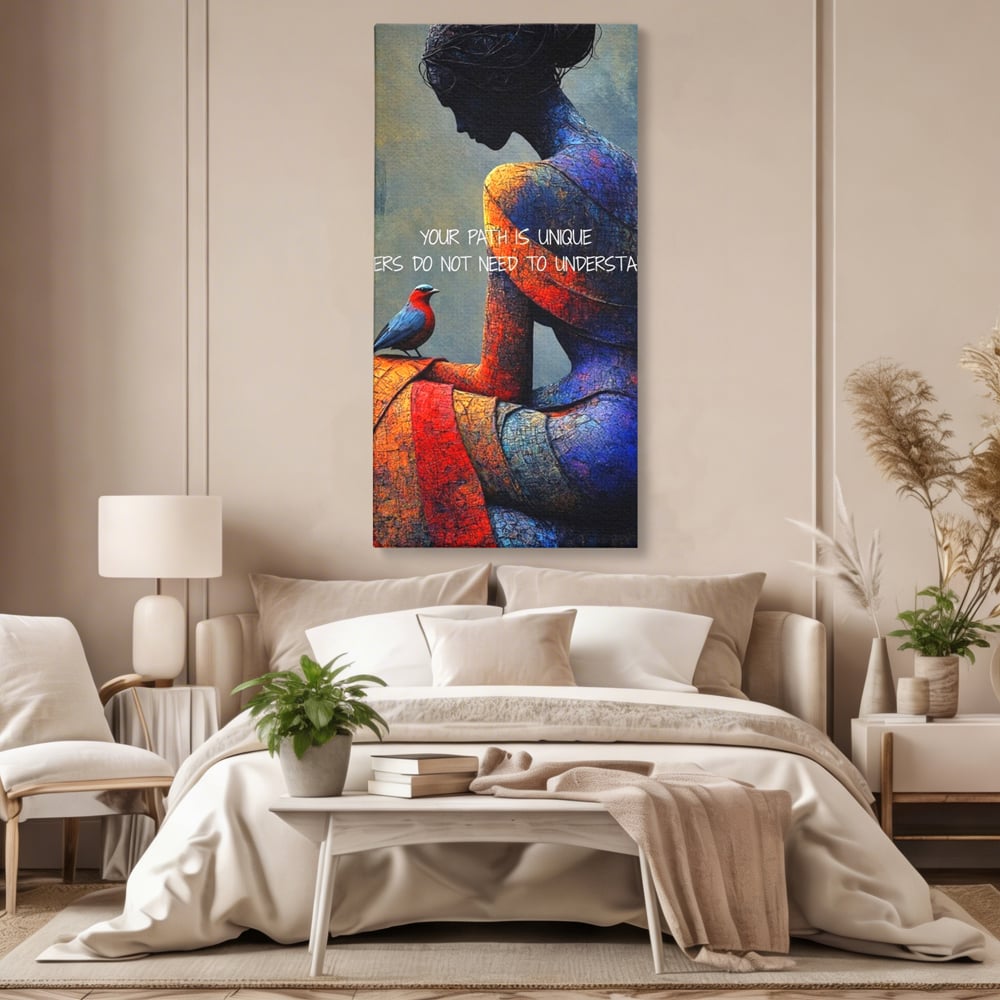 Tablou canvas cu tablou canvas cu femeie si pasare, fara rama, pe sasiu de lemn, pe perete intr-un dormitor