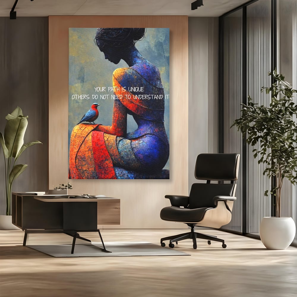 Tablou canvas cu tablou canvas cu femeie si pasare, fara rama, pe sasiu de lemn, pe perete intr-un birou
