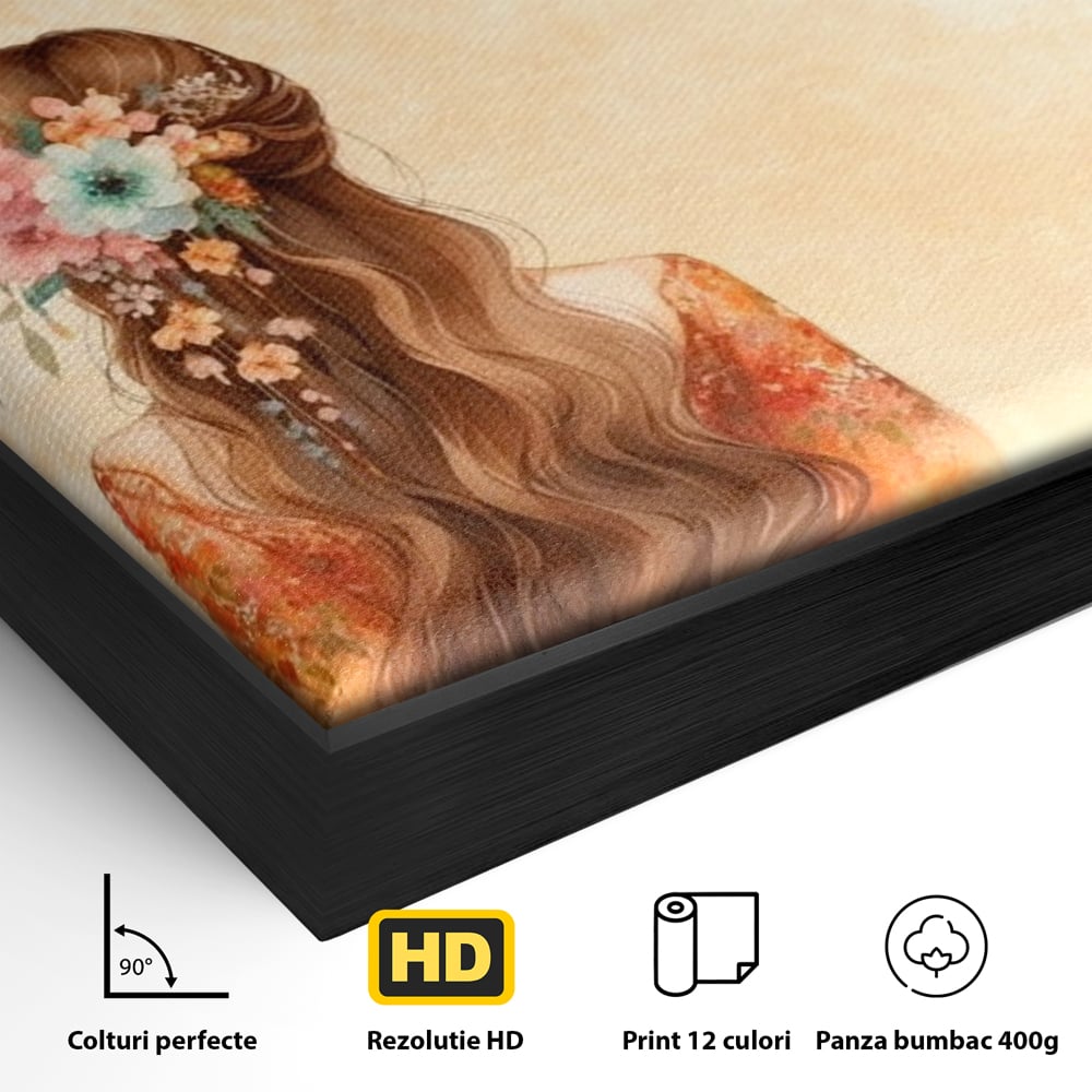 Detaliu al suprafetei: tablou canvas cu femeie si flori, in rama de aluminiu negru