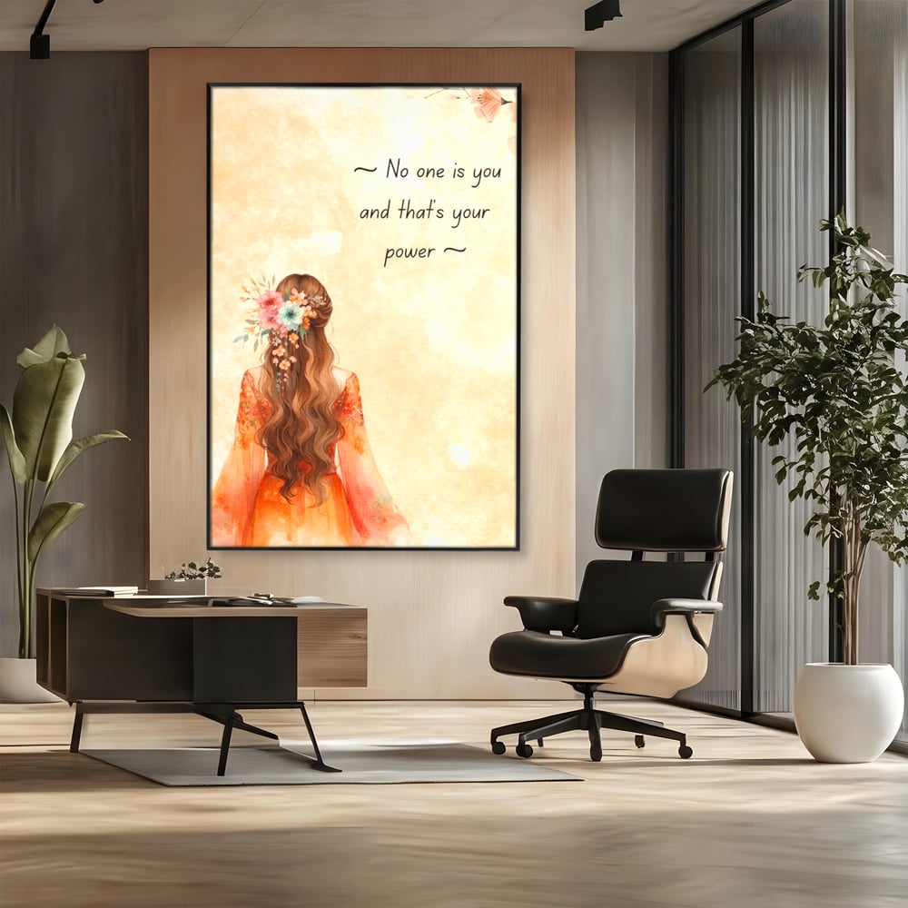 Tablou canvas cu tablou canvas cu femeie si flori, in rama de aluminiu negru, pe perete intr-un birou