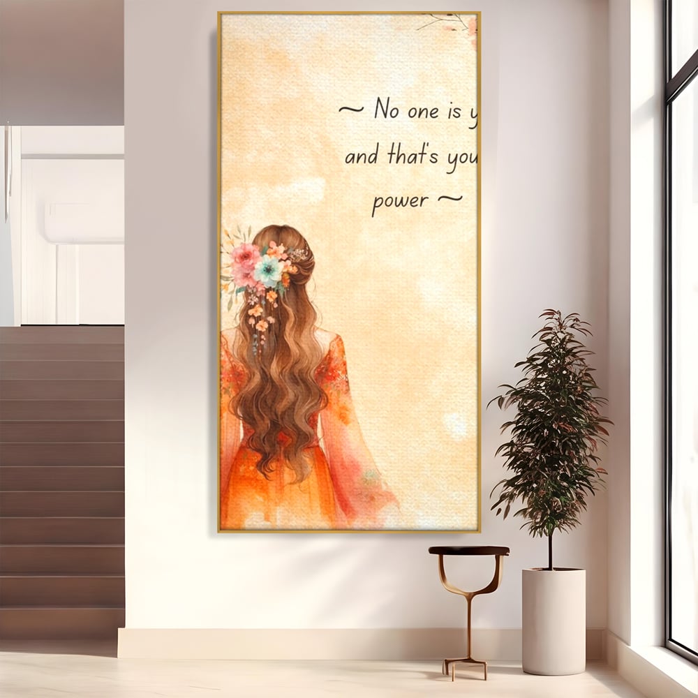 Tablou canvas cu tablou canvas cu femeie si flori, in rama de aluminiu auriu