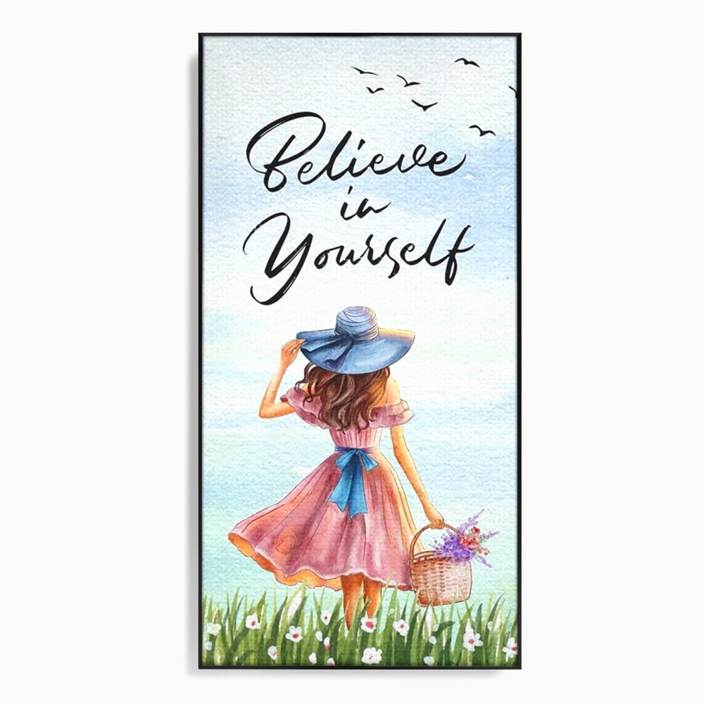 Tablou canvas cu ilustratie cu femeie si mesaj motivational, in rama de aluminiu negru