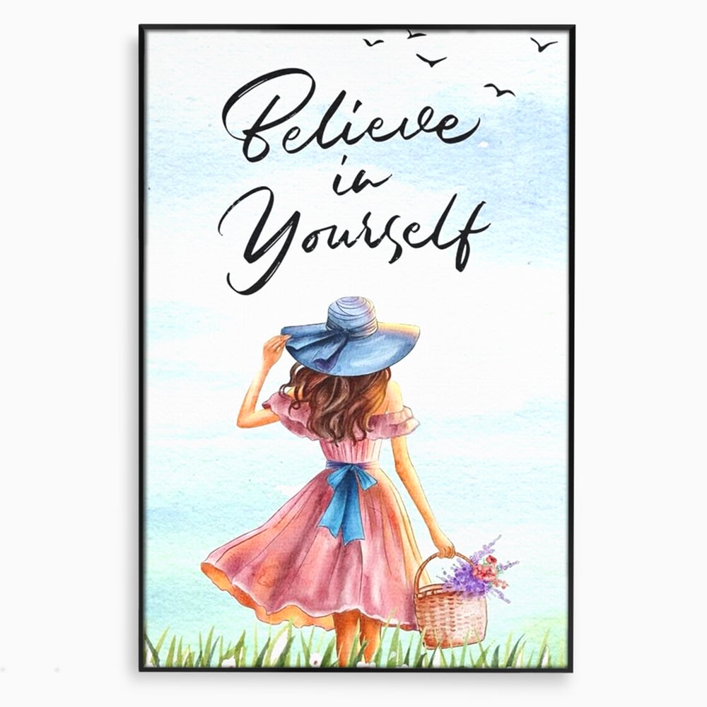 Tablou canvas cu ilustratie cu femeie si mesaj motivational, in rama de aluminiu negru