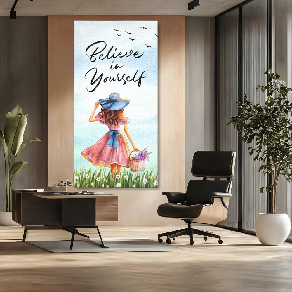 Tablou canvas cu ilustratie cu femeie si mesaj motivational, fara rama, pe sasiu de lemn, pe perete intr-un birou