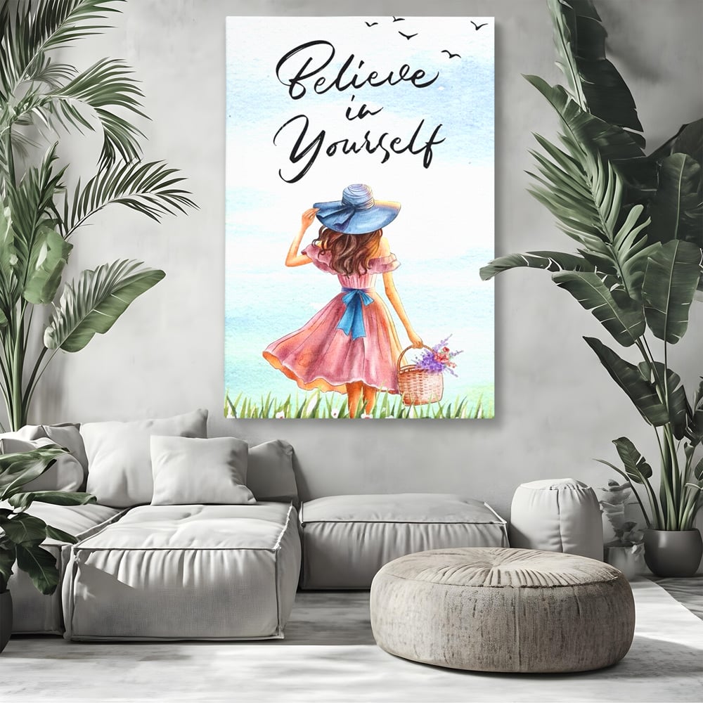 Tablou canvas cu ilustratie cu femeie si mesaj motivational, fara rama, pe sasiu de lemn, pe perete intr-un living