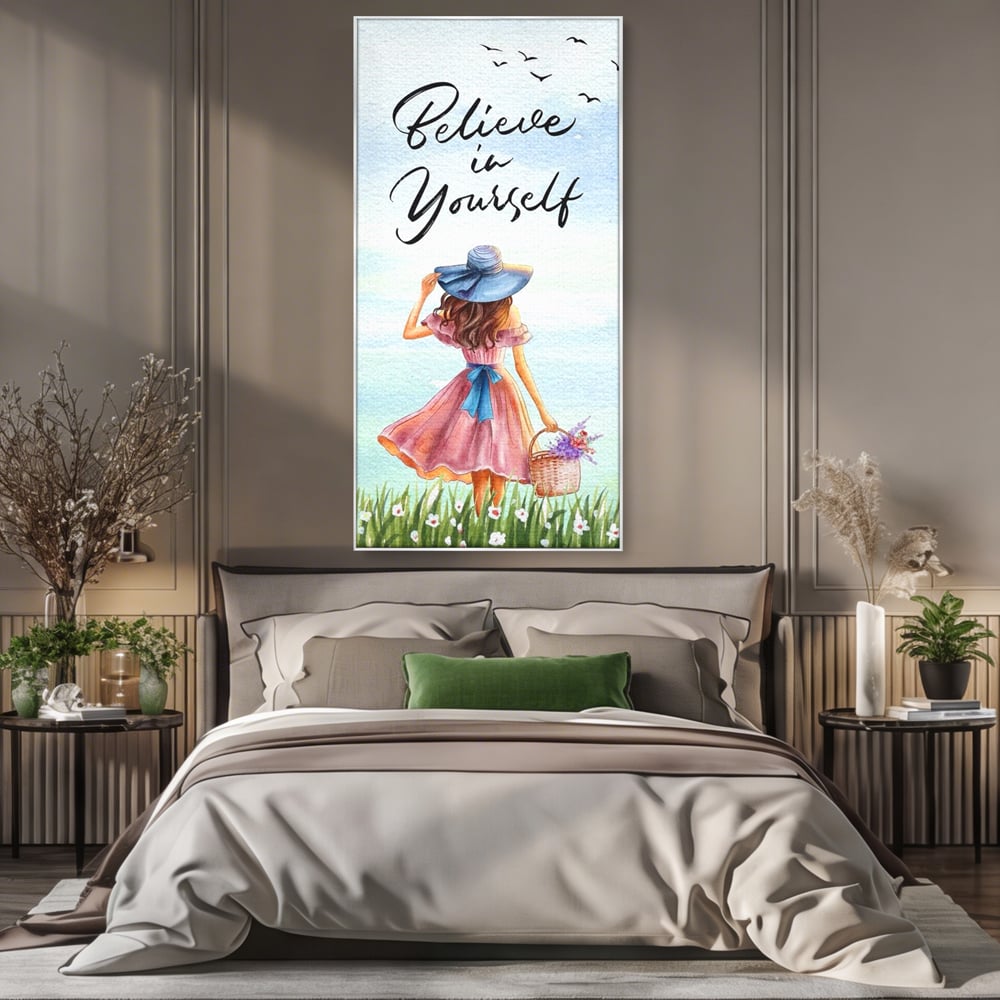 Tablou canvas cu ilustratie cu femeie si mesaj motivational, in rama de aluminiu argintiu, pe perete intr-un dormitor