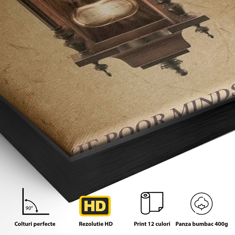 Detaliu al suprafetei: tablou vertical cu ceas pendul vintage si mesaj motivational, in rama de aluminiu negru