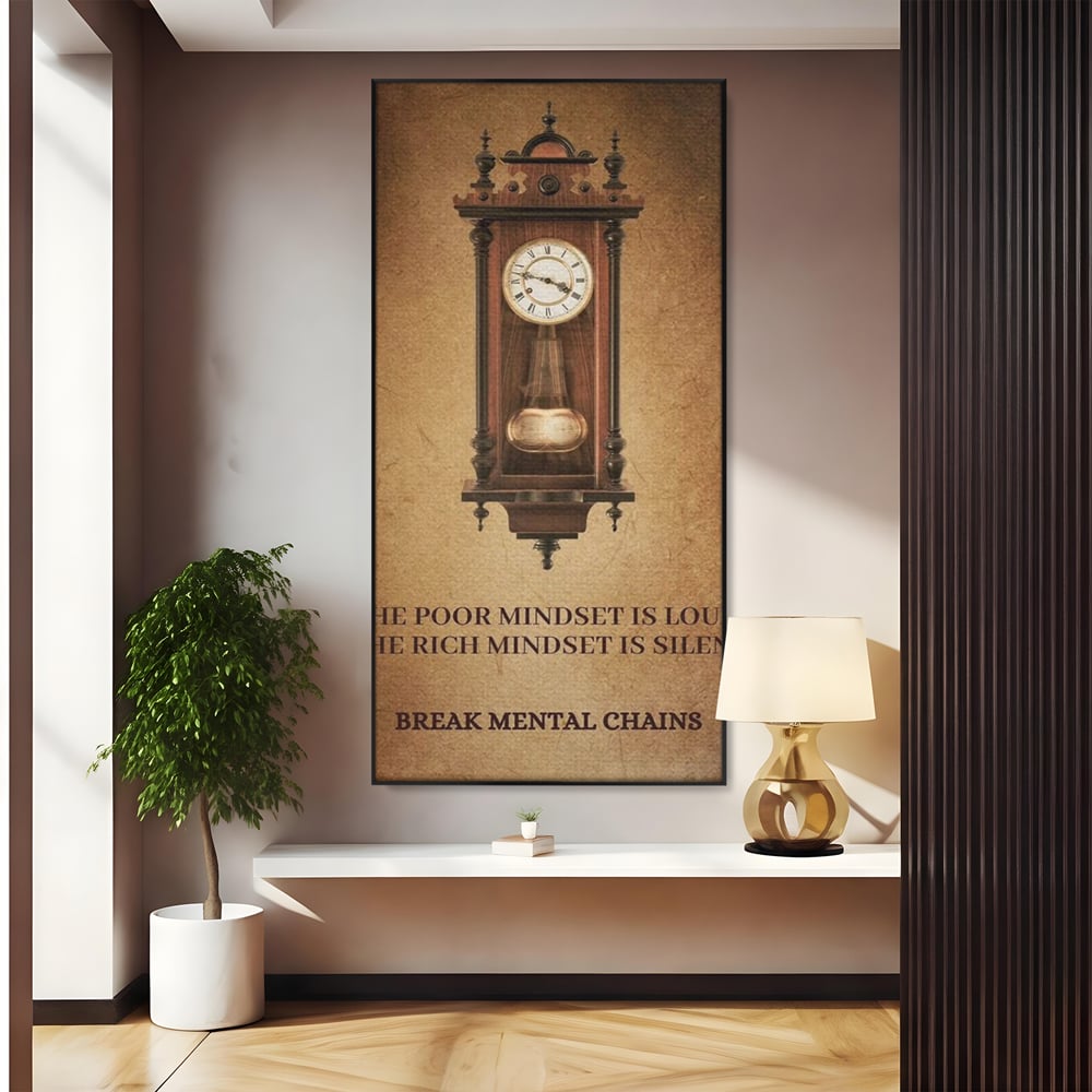 Tablou canvas cu tablou vertical cu ceas pendul vintage si mesaj motivational, in rama de aluminiu negru