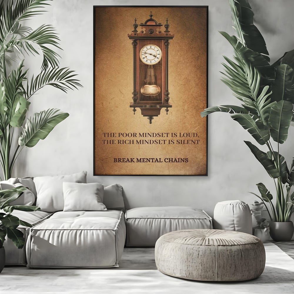 Tablou canvas cu tablou vertical cu ceas pendul vintage si mesaj motivational, in rama de aluminiu negru, pe perete intr-un living