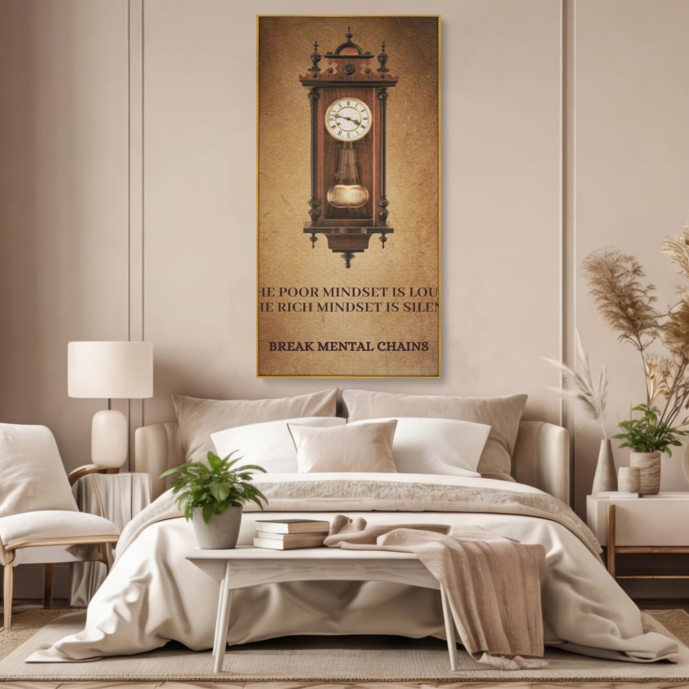 Tablou canvas cu tablou vertical cu ceas pendul vintage si mesaj motivational, in rama de aluminiu auriu, pe perete intr-un dormitor