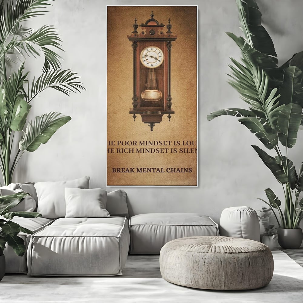 Tablou canvas cu tablou vertical cu ceas pendul vintage si mesaj motivational, in rama de aluminiu argintiu, pe perete intr-un living