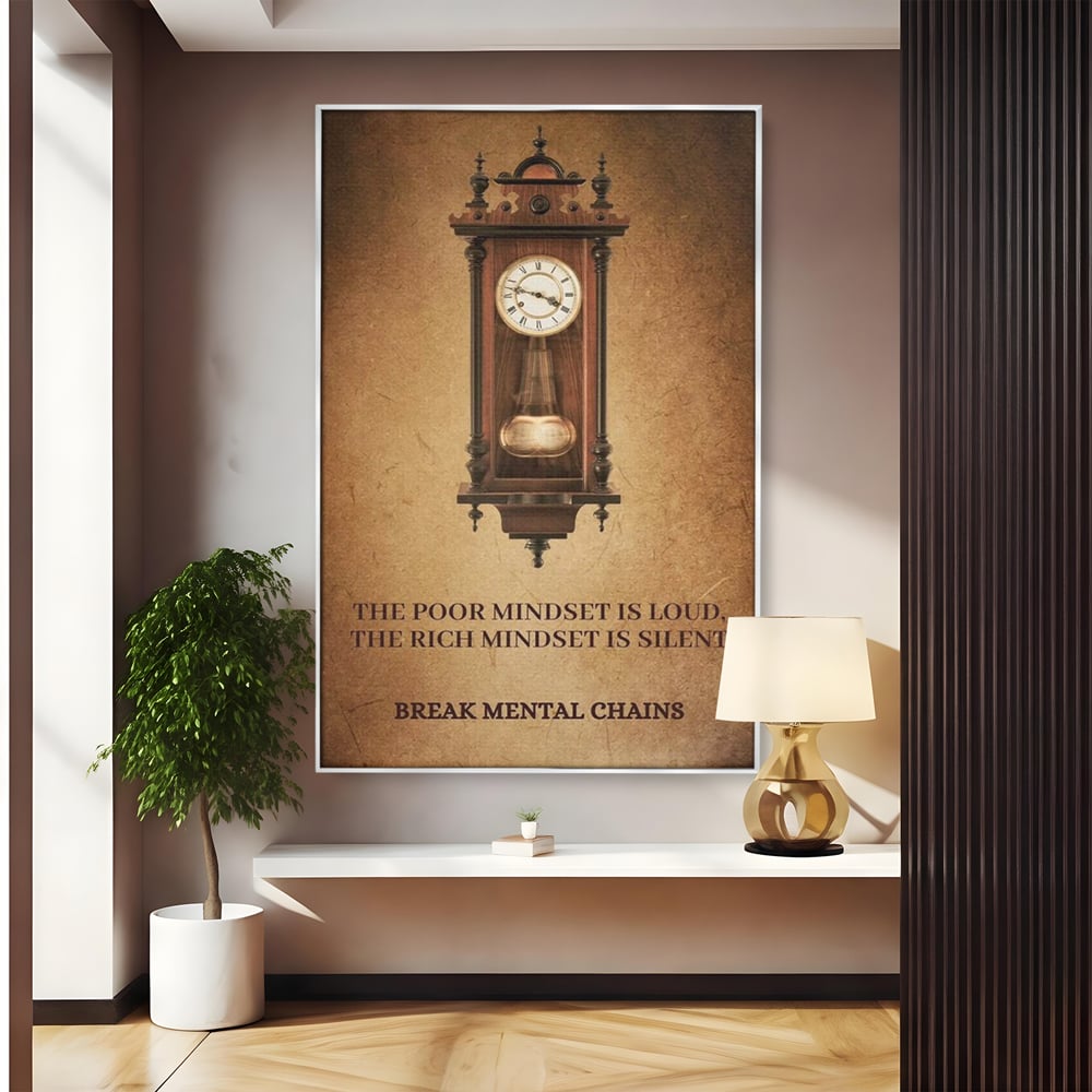 Tablou canvas cu tablou vertical cu ceas pendul vintage si mesaj motivational, in rama de aluminiu argintiu