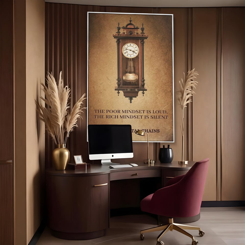 Tablou canvas cu tablou vertical cu ceas pendul vintage si mesaj motivational, in rama de aluminiu argintiu, pe perete intr-un birou