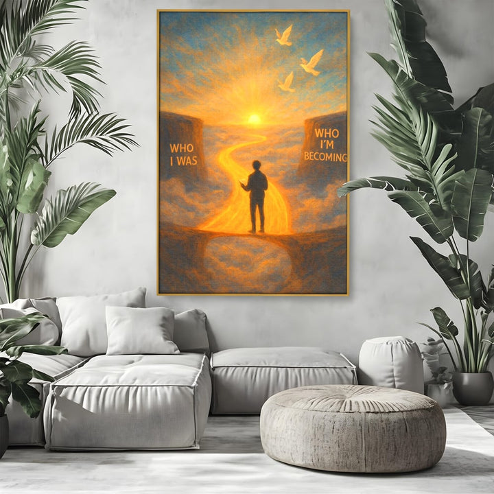 Tablou canvas cu tablou canvas cu silueta pe drum luminos, in rama de aluminiu auriu, pe perete intr-un living