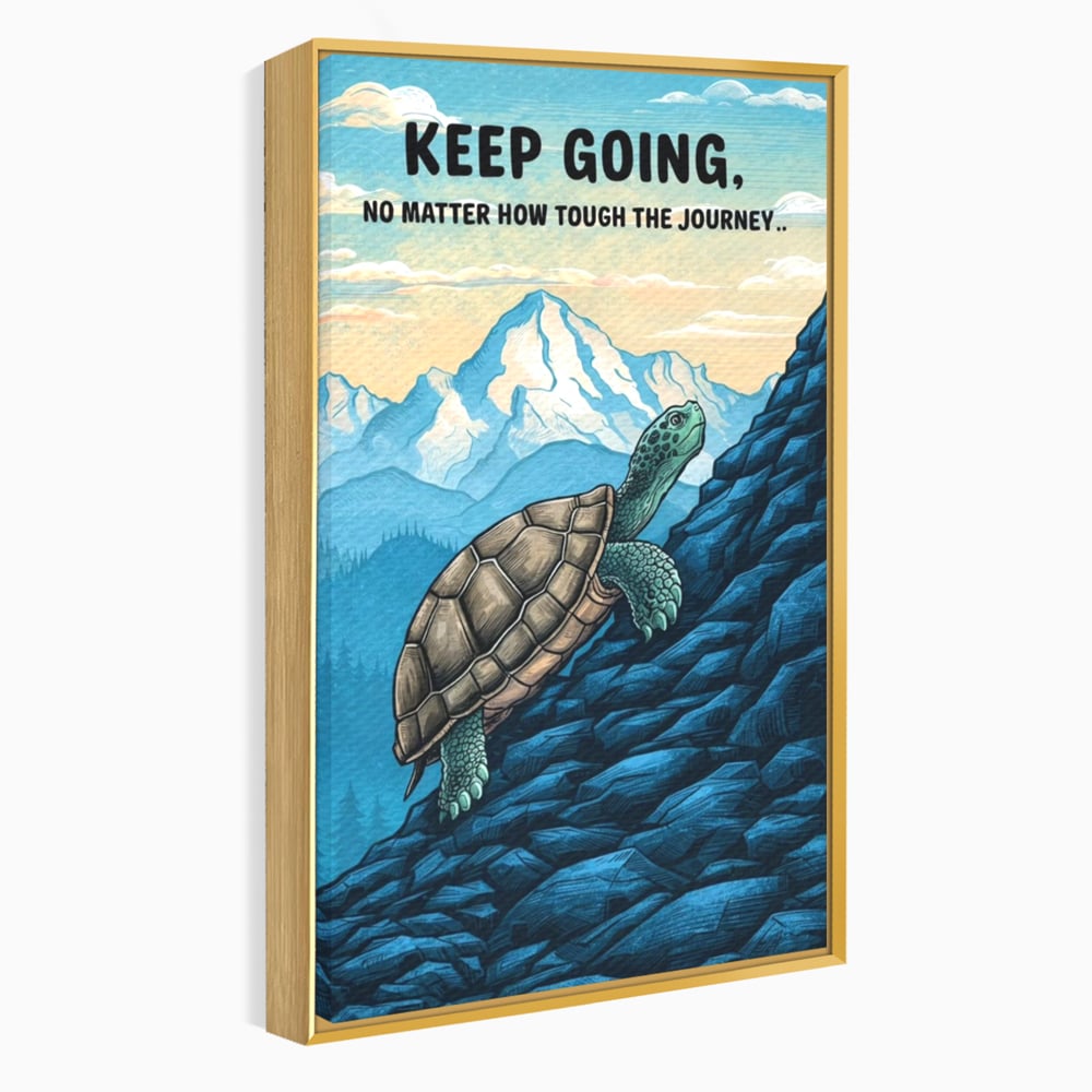 Tablou canvas cu ilustratie motivationala cu testoasa pe munte, in rama de aluminiu auriu