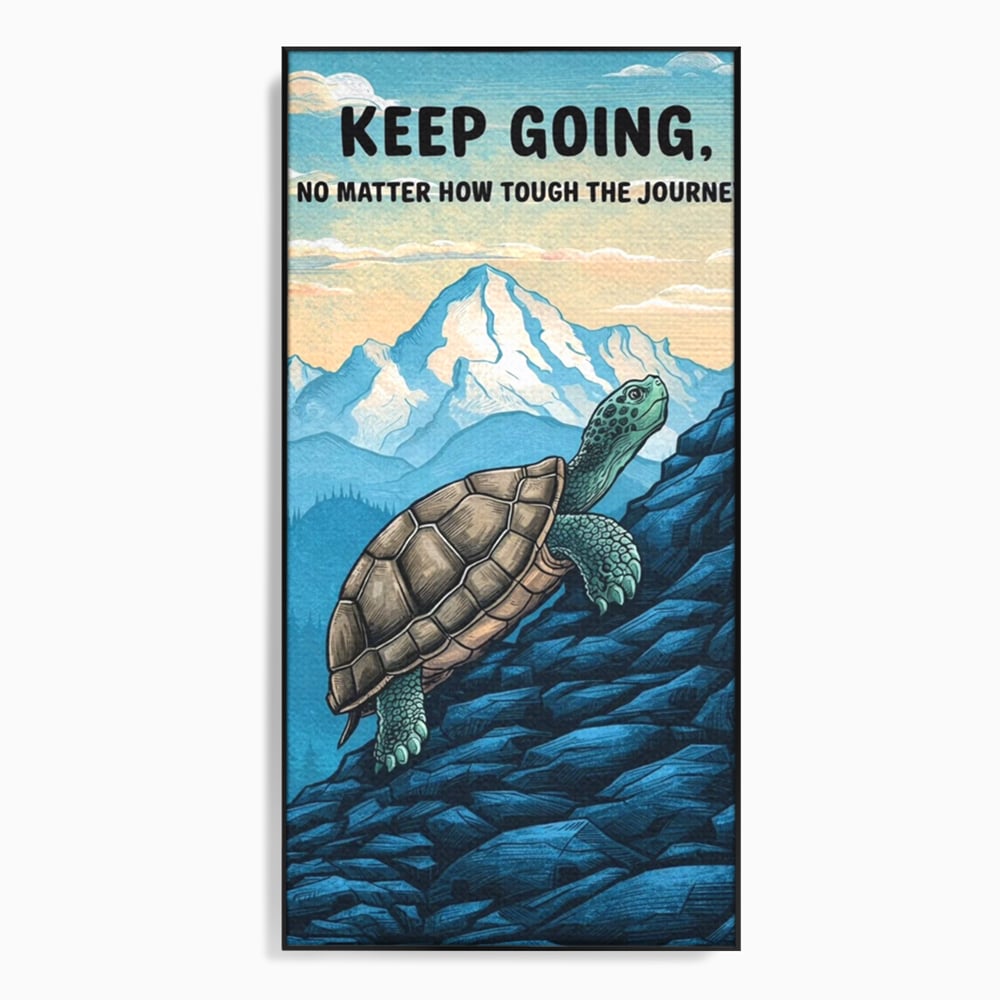 Tablou canvas cu ilustratie motivationala cu testoasa pe munte, in rama de aluminiu negru