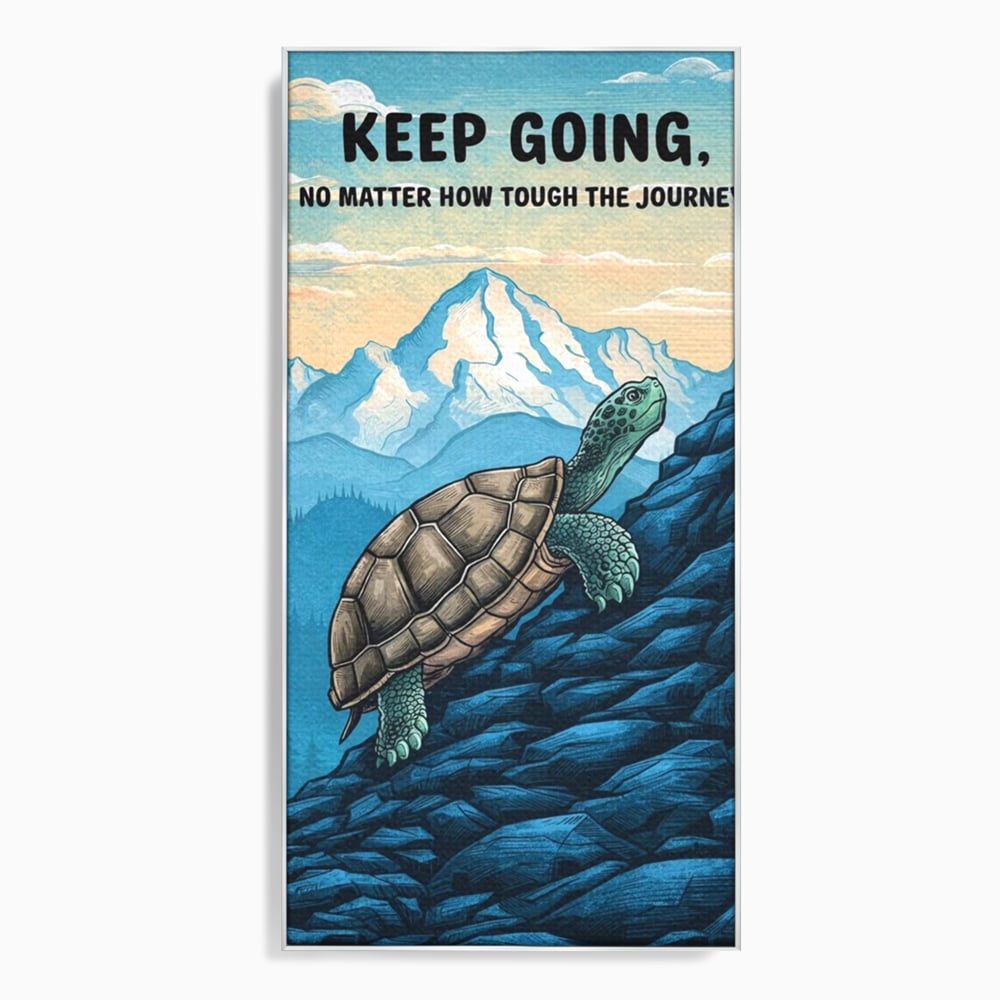 Tablou canvas cu ilustratie motivationala cu testoasa pe munte, in rama de aluminiu argintiu