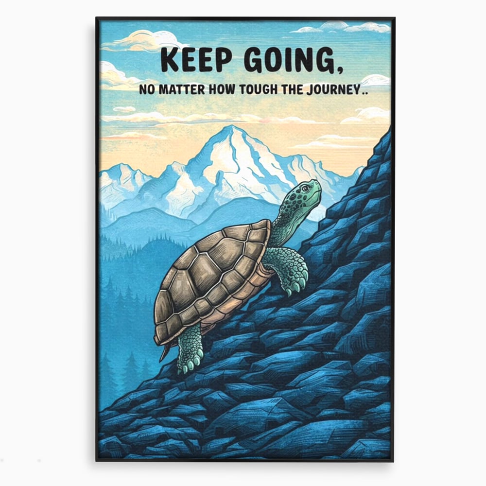 Tablou canvas cu ilustratie motivationala cu testoasa pe munte, in rama de aluminiu negru