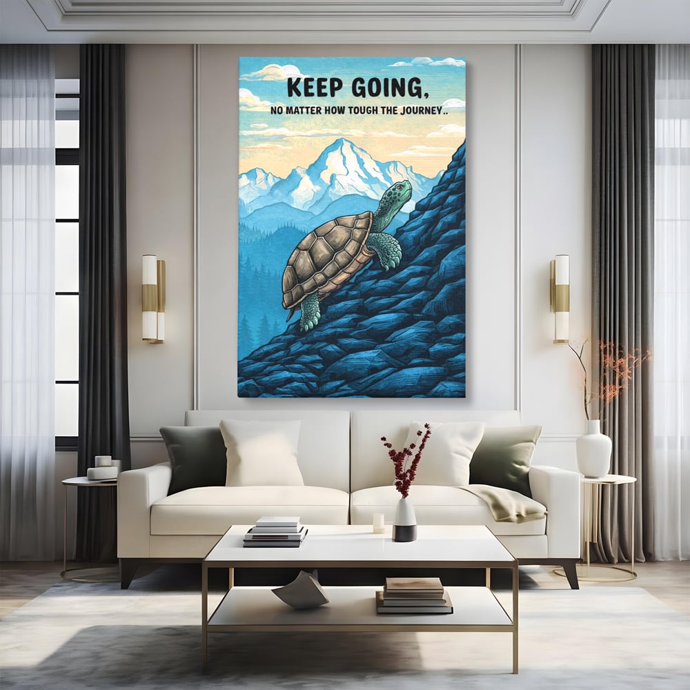Tablou canvas cu ilustratie motivationala cu testoasa pe munte, fara rama, pe sasiu de lemn, pe perete intr-un living