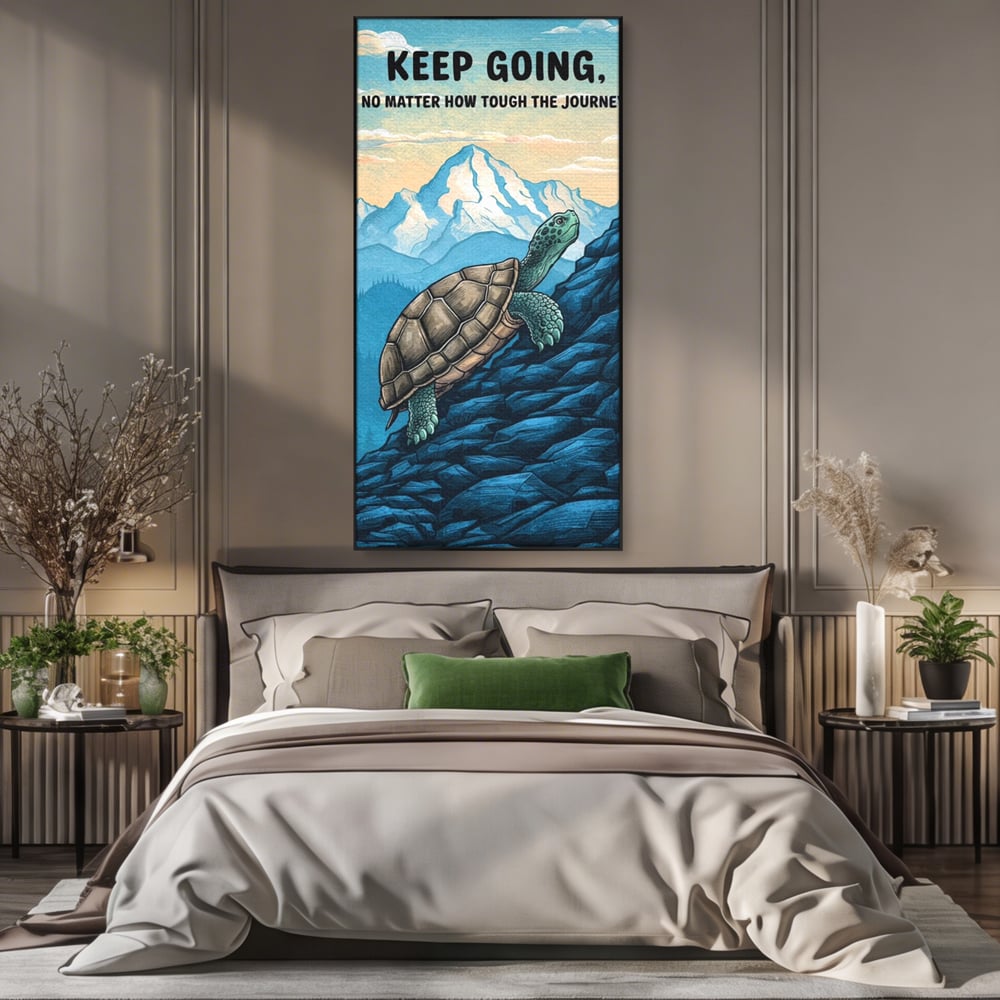 Tablou canvas cu ilustratie motivationala cu testoasa pe munte, in rama de aluminiu negru, pe perete intr-un dormitor