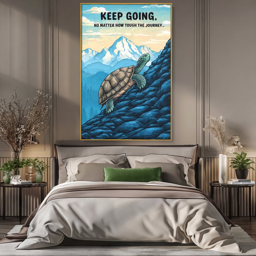 Tablou canvas cu ilustratie motivationala cu testoasa pe munte, in rama de aluminiu auriu, pe perete intr-un dormitor