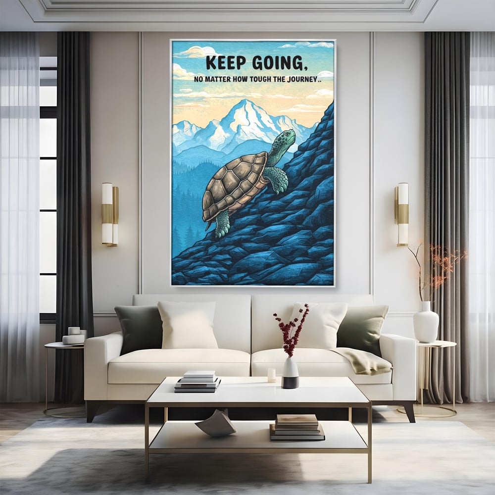 Tablou canvas cu ilustratie motivationala cu testoasa pe munte, in rama de aluminiu argintiu, pe perete intr-un living