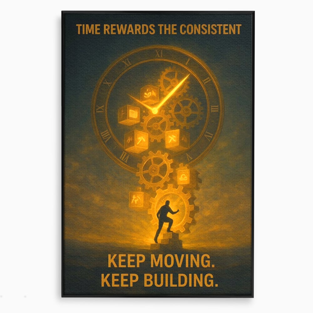 Tablou canvas cu ilustratie motivationala cu ceas si angrenaje, in rama de aluminiu negru