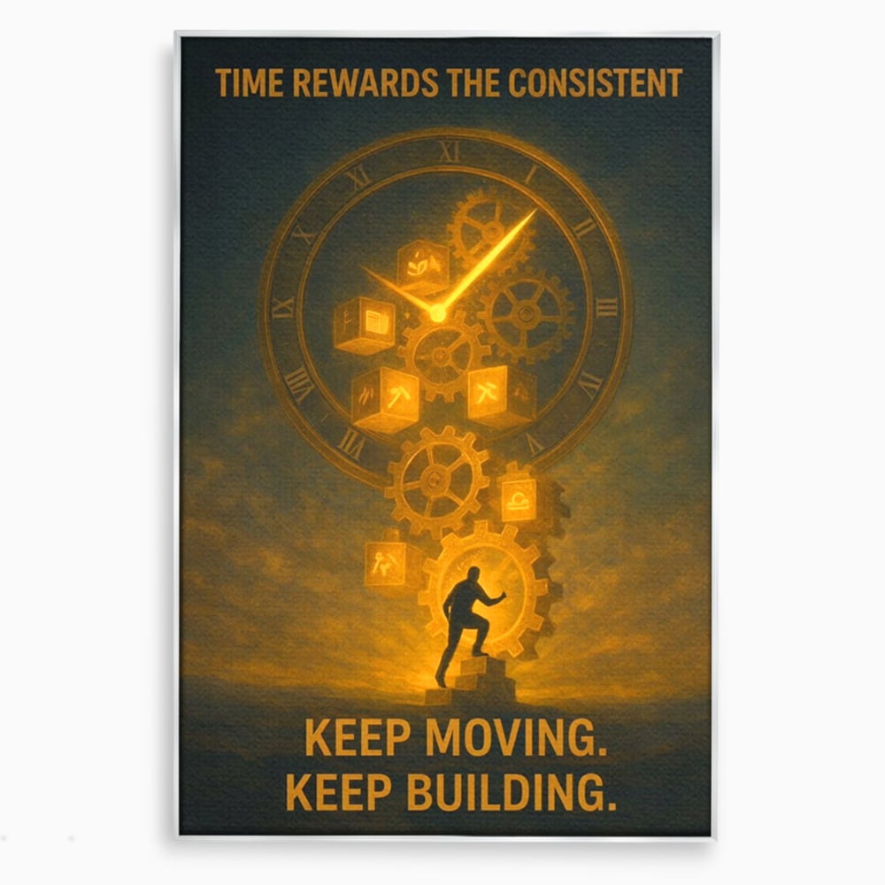 Tablou canvas cu ilustratie motivationala cu ceas si angrenaje, in rama de aluminiu argintiu