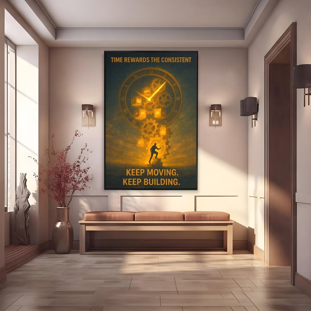 Tablou canvas cu ilustratie motivationala cu ceas si angrenaje, in rama de aluminiu negru