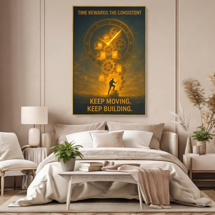 Tablou canvas cu ilustratie motivationala cu ceas si angrenaje, in rama de aluminiu auriu, pe perete intr-un dormitor