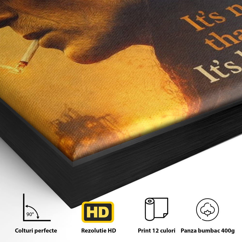 Detaliu al suprafetei: tablou canvas cu personaj si mesaj motivational, in rama de aluminiu negru