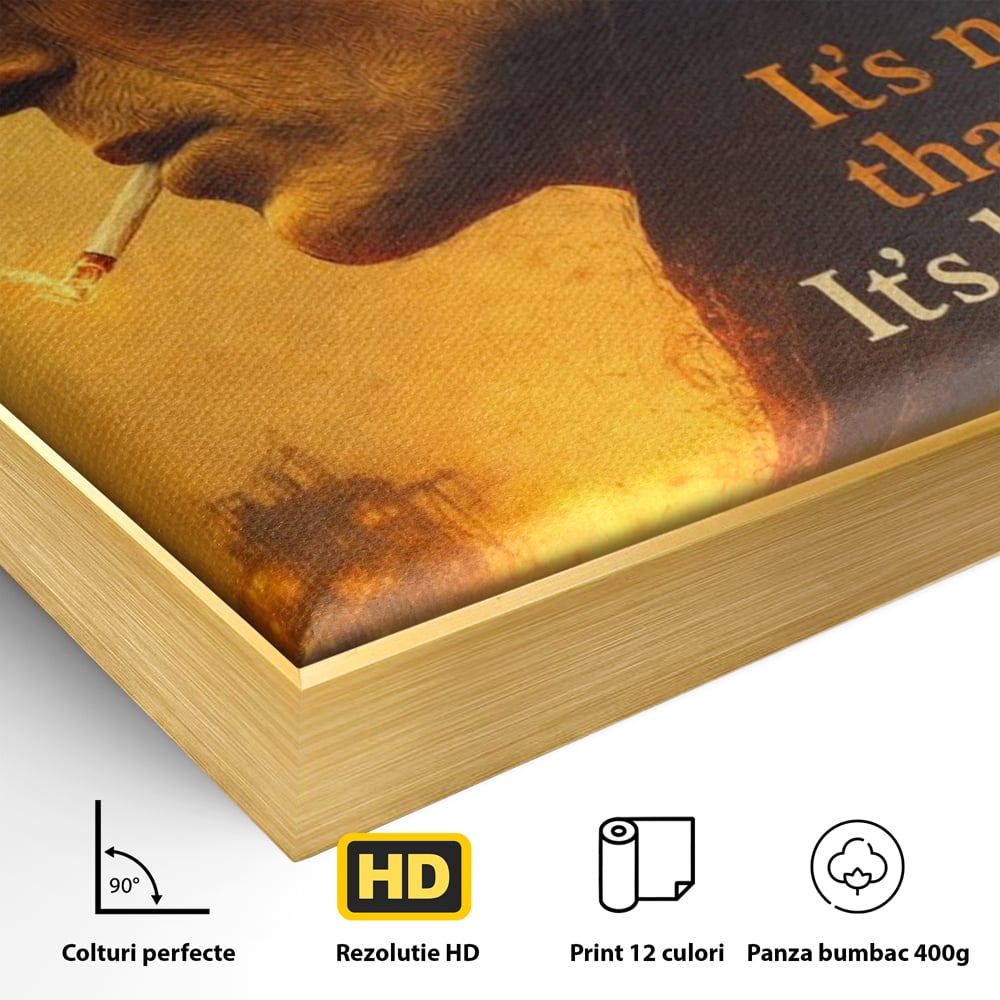 Detaliu al suprafetei: tablou canvas cu personaj si mesaj motivational, in rama de aluminiu auriu