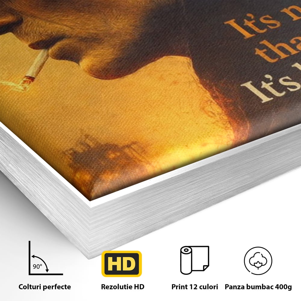 Detaliu al suprafetei: tablou canvas cu personaj si mesaj motivational, in rama de aluminiu argintiu