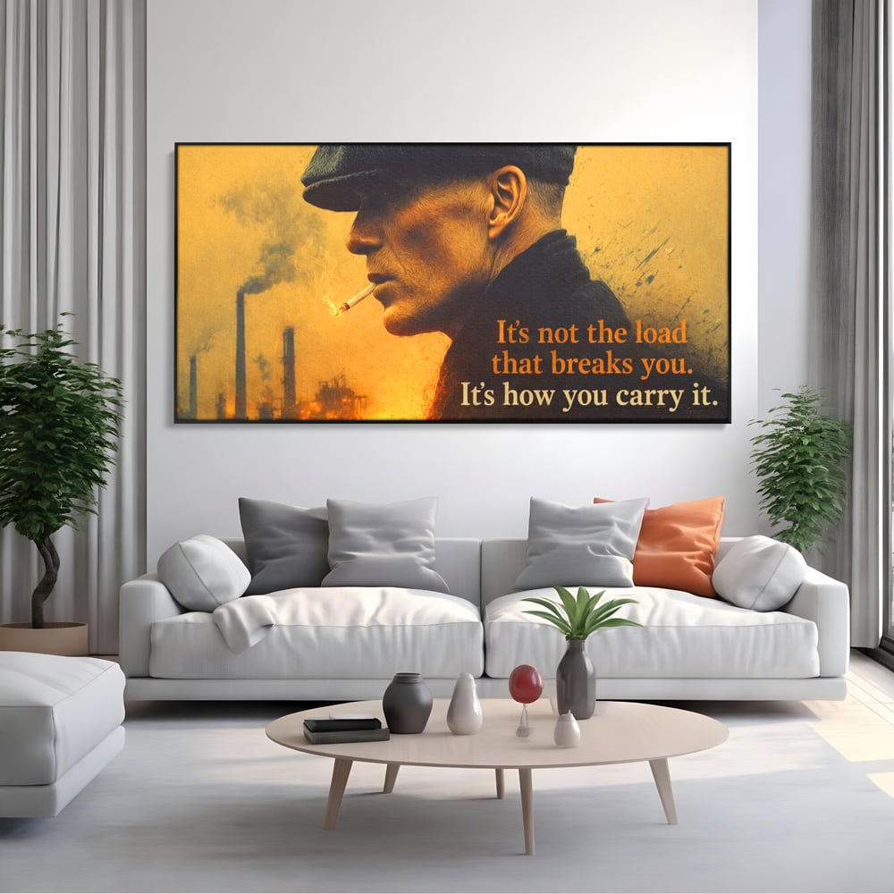 Tablou canvas cu tablou canvas cu personaj si mesaj motivational, in rama de aluminiu negru, pe perete intr-un living
