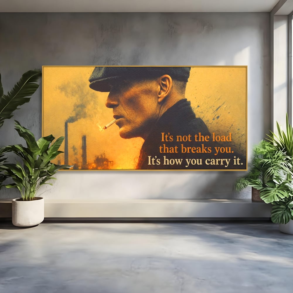 Tablou canvas cu tablou canvas cu personaj si mesaj motivational, in rama de aluminiu auriu