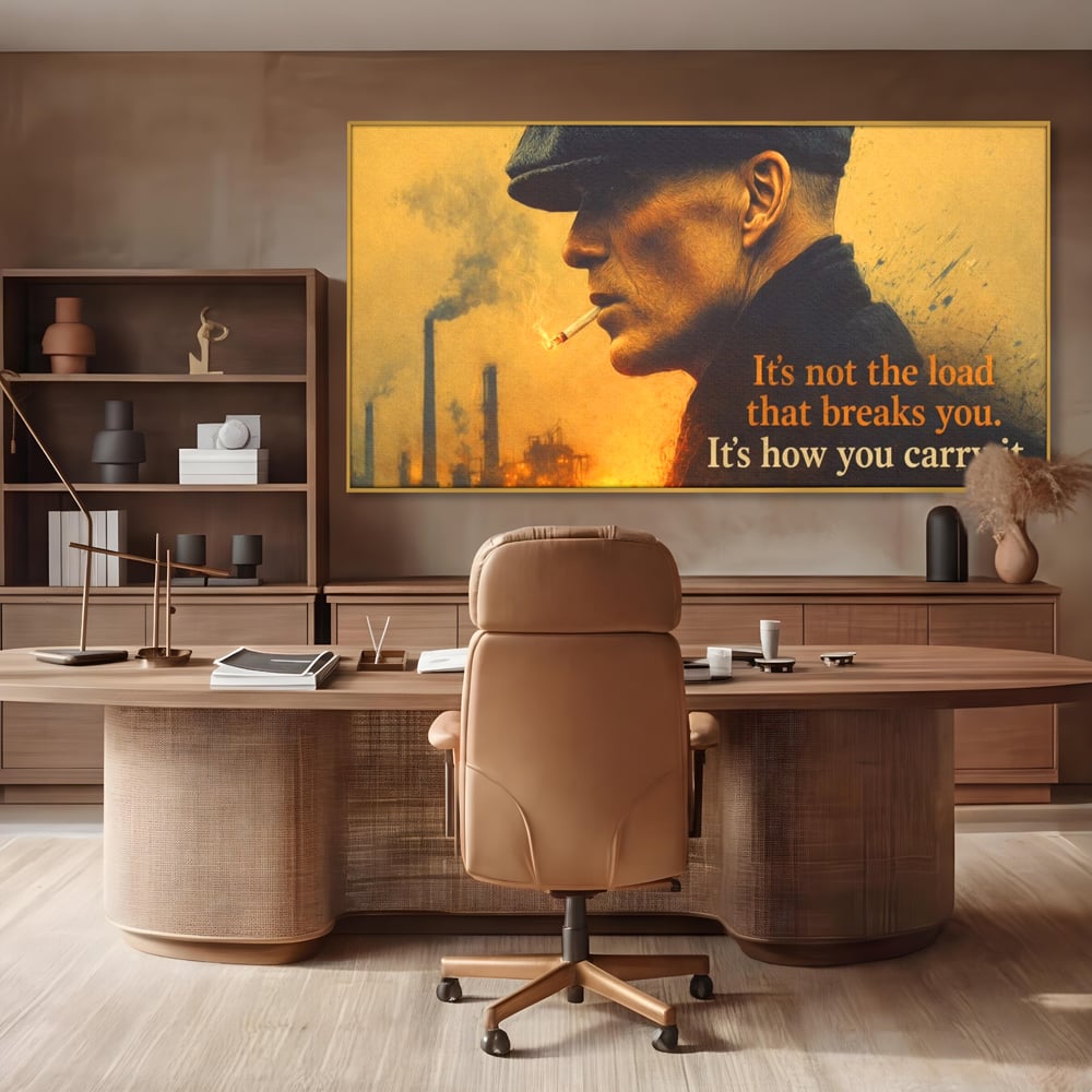 Tablou canvas cu tablou canvas cu personaj si mesaj motivational, in rama de aluminiu auriu, pe perete intr-un birou