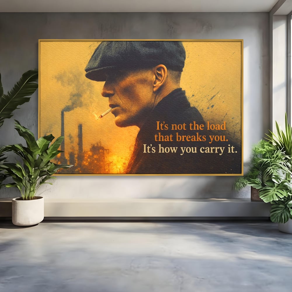 Tablou canvas cu tablou canvas cu personaj si mesaj motivational, in rama de aluminiu auriu