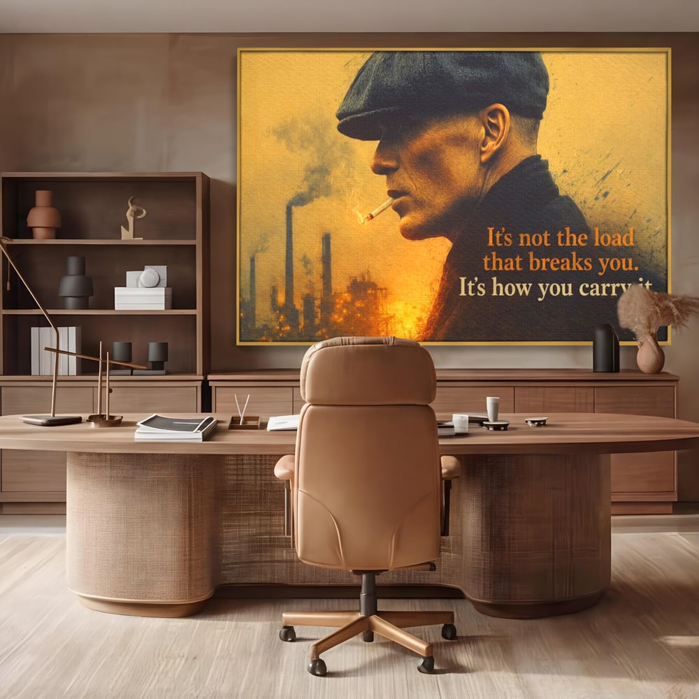 Tablou canvas cu tablou canvas cu personaj si mesaj motivational, in rama de aluminiu auriu, pe perete intr-un birou