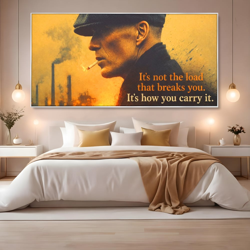 Tablou canvas cu tablou canvas cu personaj si mesaj motivational, in rama de aluminiu argintiu, pe perete intr-un dormitor