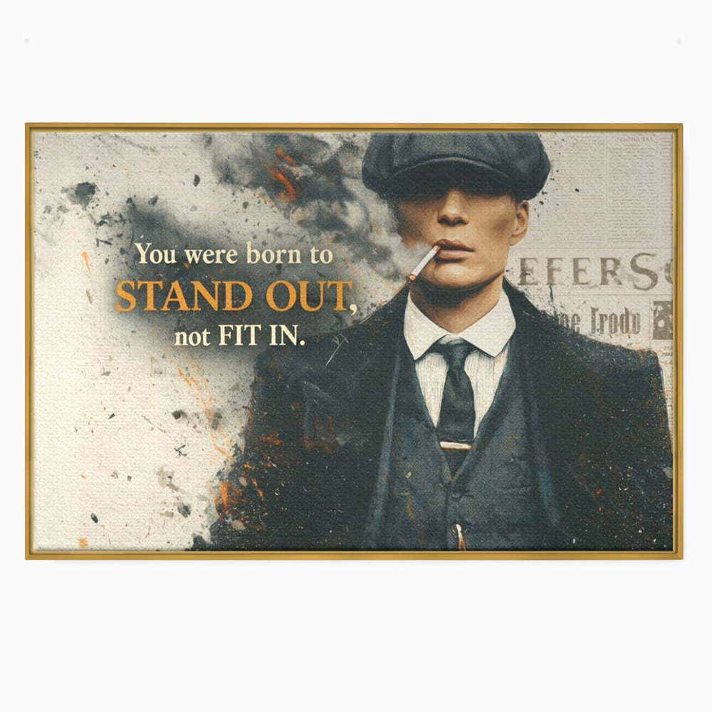 Tablou canvas cu tablou motivational cu personaj si mesaj, in rama de aluminiu auriu