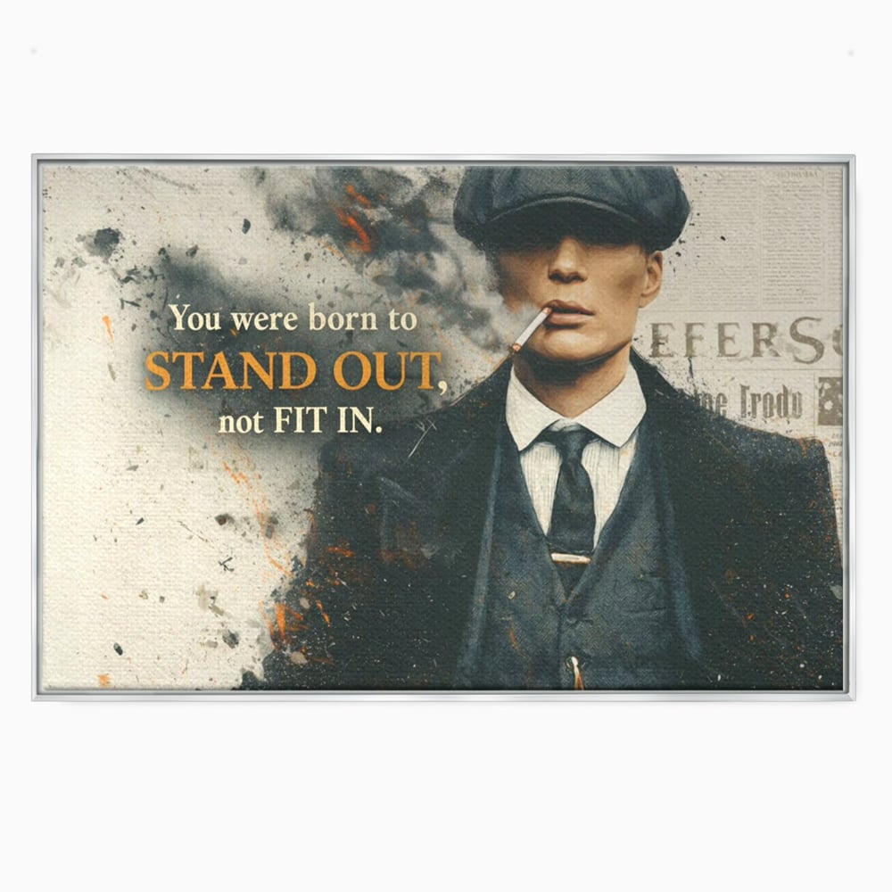 Tablou canvas cu tablou motivational cu personaj si mesaj, in rama de aluminiu argintiu