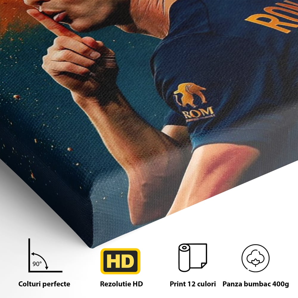 Detaliu al suprafetei: tablou motivational cu portretul lui ronaldo, fara rama, pe sasiu de lemn