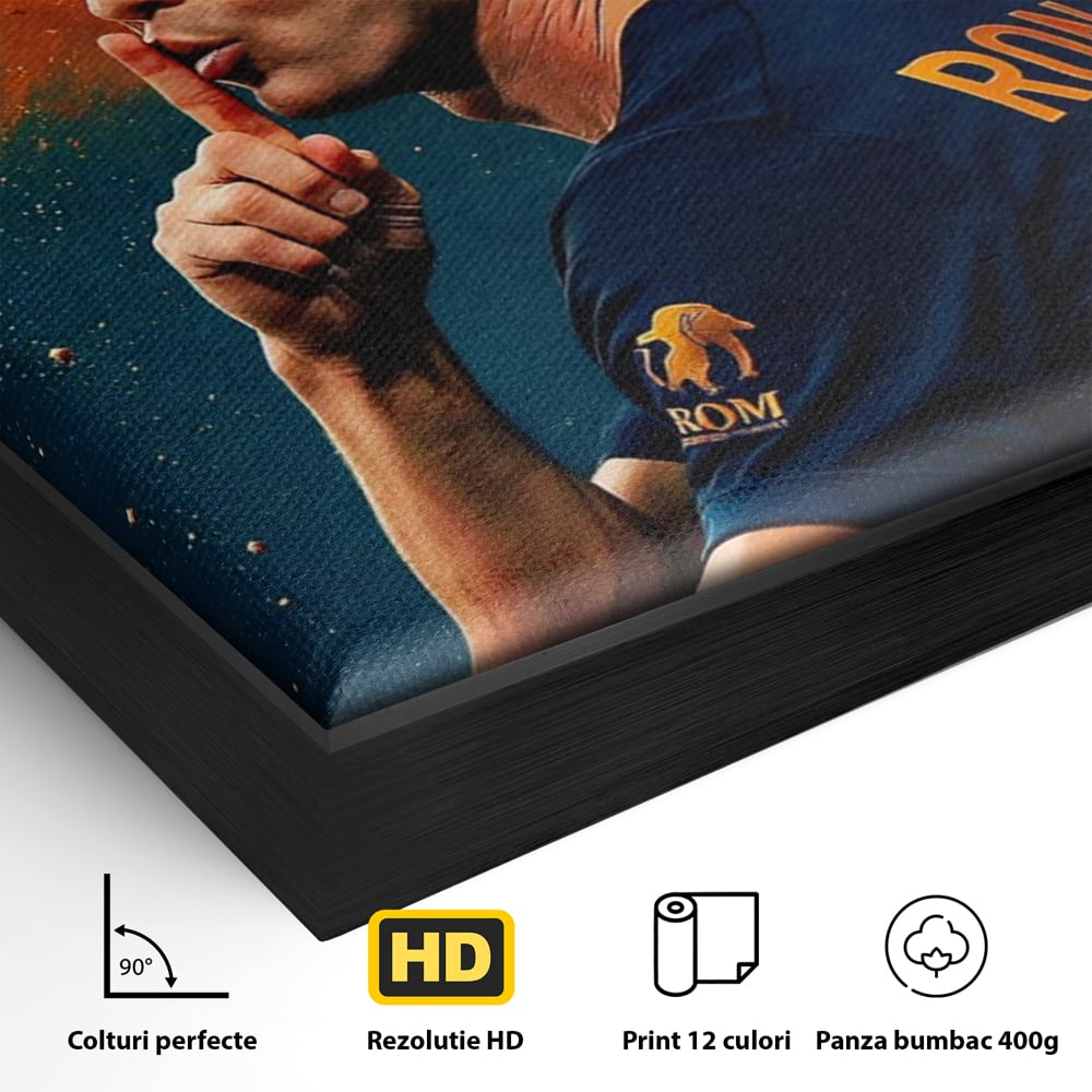 Detaliu al suprafetei: tablou motivational cu portretul lui ronaldo, in rama de aluminiu negru