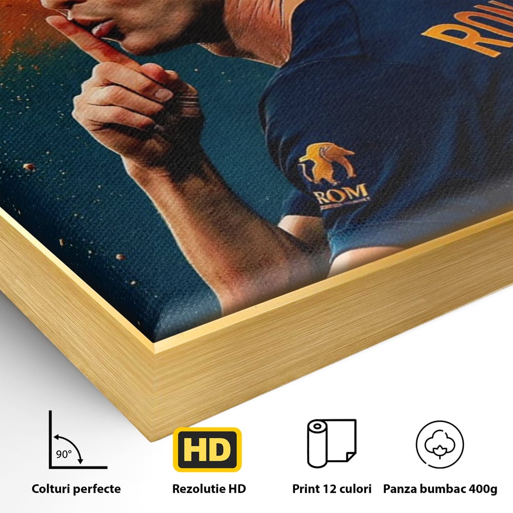 Detaliu al suprafetei: tablou motivational cu portretul lui ronaldo, in rama de aluminiu auriu