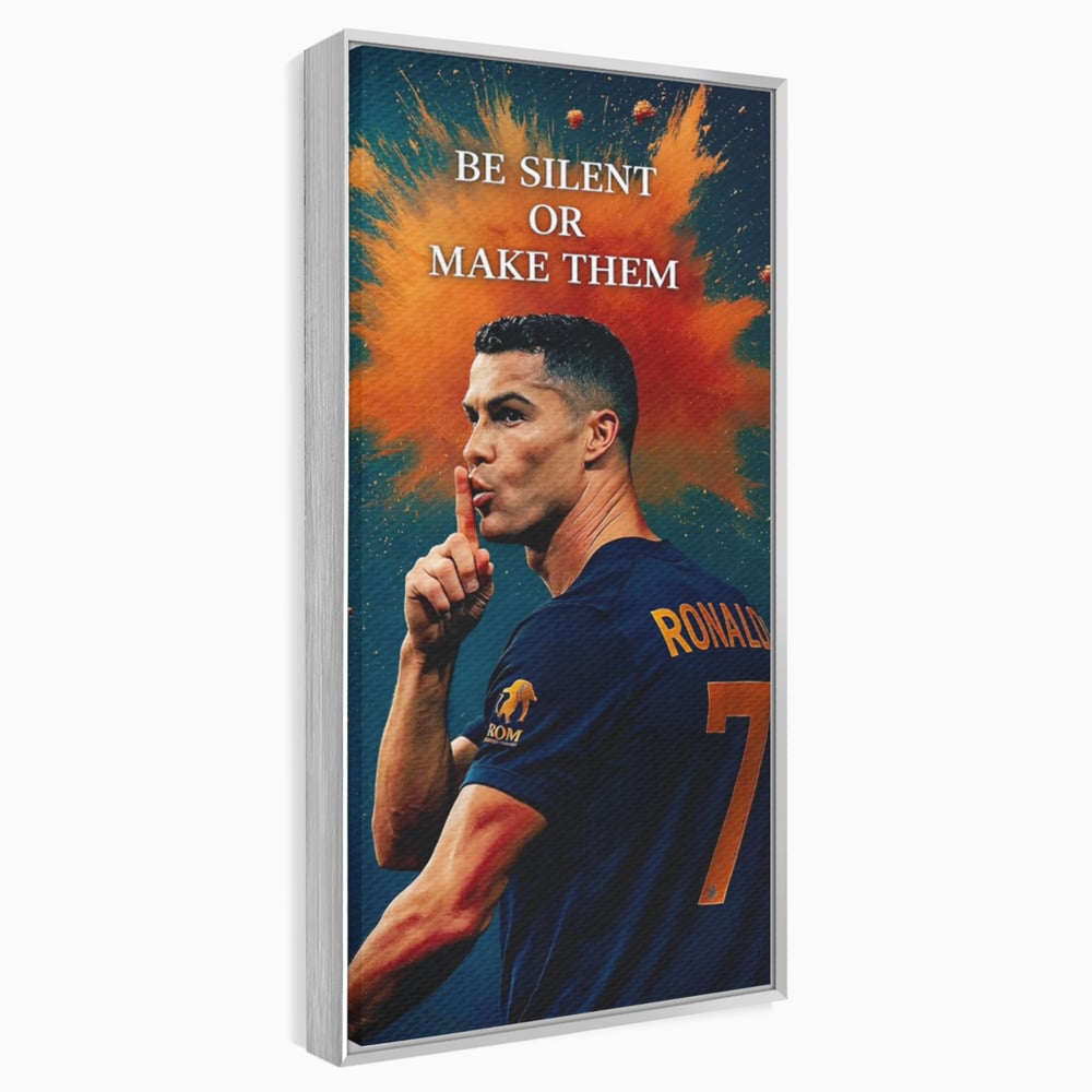 Tablou canvas cu tablou motivational cu portretul lui ronaldo, in rama de aluminiu argintiu